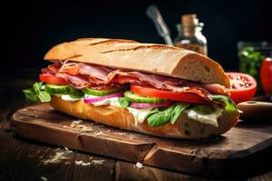 Sandwich mit Prosciutto, Tomate und Käse auf ein hölzern rustikal Hintergrund. foto