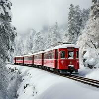 Bernina ausdrücken geht vorbei durch das schneebedeckt Wald, Schweiz. generativ ai foto