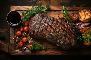 gegrillt Fleisch Grill Steak auf hölzern Schneiden Tafel mit Rosmarin und Kopieren Raum. oben Sicht. foto