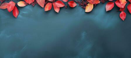 Herbst Hintergrund mit farbig Blätter auf Blau Hintergrund. generativ ai foto