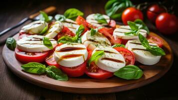 Mozzarella und Tomate Salat. frisch Italienisch Caprese Salat mit Mozzarella und Tomaten auf hölzern Tafel. generativ ai foto