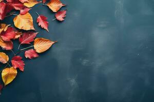 Herbst Hintergrund mit farbig Blätter auf Blau Hintergrund. generativ ai foto