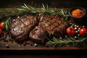 gegrillt Fleisch Grill Steak auf hölzern Schneiden Tafel mit Rosmarin und Kopieren Raum. oben Sicht. foto