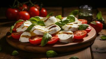 Mozzarella und Tomate Salat. frisch Italienisch Caprese Salat mit Mozzarella und Tomaten auf hölzern Tafel. generativ ai foto