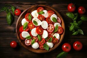 Mozzarella und Tomate Salat. frisch Italienisch Caprese Salat mit Mozzarella und Tomaten auf hölzern Tafel. generativ ai foto