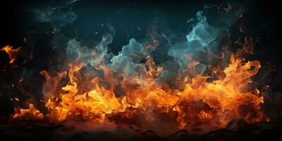 Feuer Flammen und Rauch auf schwarz Hintergrund. generativ ai foto