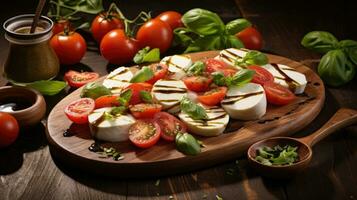 Mozzarella und Tomate Salat. frisch Italienisch Caprese Salat mit Mozzarella und Tomaten auf hölzern Tafel. generativ ai foto