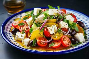 griechisch Salat mit Feta Käse und Olive Öl auf Platte. griechisch gesund Essen foto