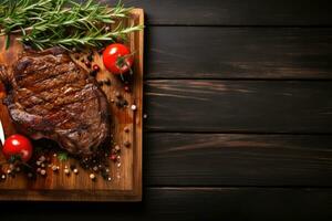 gegrillt Fleisch Grill Steak auf hölzern Schneiden Tafel mit Rosmarin und Kopieren Raum. oben Sicht. foto