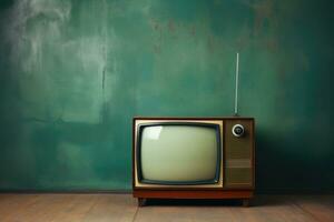 Jahrgang Fernseher gegen das Mauer. retro Stil. generativ ai foto