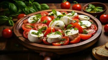 Mozzarella und Tomate Salat. frisch Italienisch Caprese Salat mit Mozzarella und Tomaten auf hölzern Tafel. generativ ai foto