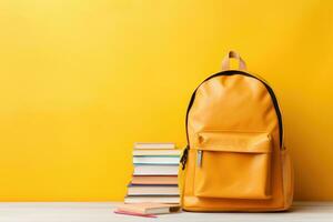 Schule Tasche und Lehrbücher auf Gelb Hintergrund. zurück zu Schule Konzept foto