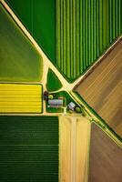 generativ ai, Bauernhof Landschaft, landwirtschaftlich Felder, schön Landschaft, Land Straße. Natur Illustration, fotorealistisch oben Aussicht Drohne, Vertikale Format foto