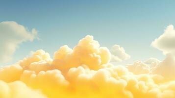 generativ ai, Licht Gelb Fantastisch 3d Wolken auf das Boden, Himmel und Landschaft. sanft Farben und mit hell Beleuchtung. foto