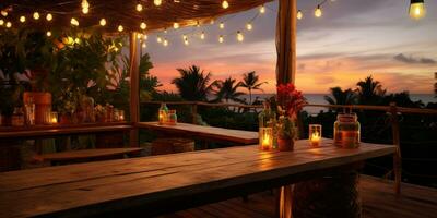 generativ ai, tropisch Sommer- Sonnenuntergang Strand Bar Hintergrund. draussen Restaurant, LED Licht Kerzen und hölzern Tische, Stühle unter schön Sonnenuntergang Himmel, Meer Sicht. foto