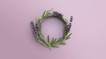 generativ ai, Kranz von Lavendel Geäst Blumen mit Kopieren Raum, natürlich organisch Blumen- Rahmen violett Hintergrund foto