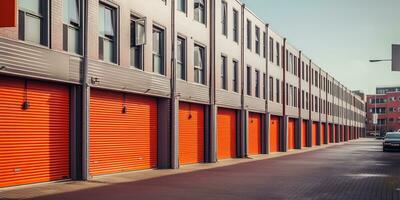 generativ ai, Mini bunt Metall selbst Lager Anlagen Vermietung Einheiten, Warenhaus Außen, Industrie Garage Gebäude. foto