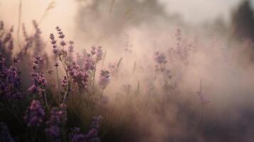 generativ ai, schließen oben wachsend Lavendel Feld mit Parfüm Rauch, blühen Lavendel, Rosa lila Blumen und Gras. foto