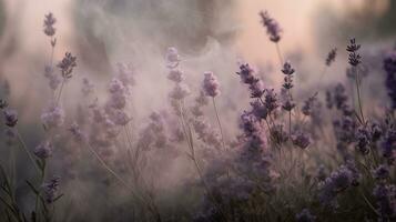 generativ ai, schließen oben wachsend Lavendel Feld mit Parfüm Rauch, blühen Lavendel, Rosa lila Blumen und Gras. foto