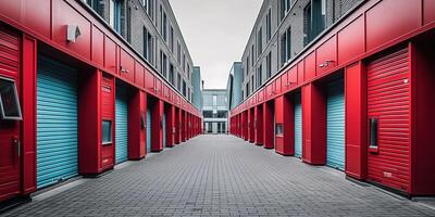 generativ ai, Mini bunt Metall selbst Lager Anlagen Vermietung Einheiten, Warenhaus Außen, Industrie Garage Gebäude. foto