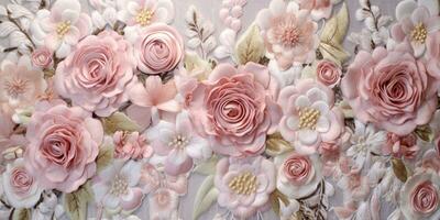 generativ ai, gestickt schäbig schick Barock Licht Rosa Rosen Muster. Blumen- drucken auf Seide Hintergrund foto