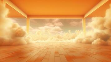 generativ ai, Licht orange, Aprikose Farbe Fantastisch 3d Wolken auf das Boden, Himmel und Landschaft. sanft Farben und mit hell Beleuchtung. foto