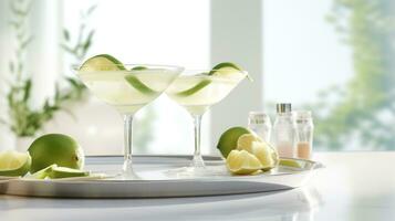 generativ ai, Margarita Cocktail auf das Tabelle im das Weiß Küche mit Kalk. alkoholisch trinken foto