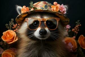 komisch Party Waschbär tragen bunt Sommer- Hut und stilvoll Sonnenbrille. ai generiert foto