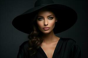 dramatisch dunkel Studio Porträt von elegant und sexy jung Frau im schwarz breit Hut und schwarz Kleid. ai generiert foto