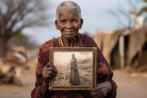 Alten schwarz Frau hält ein alt fotografieren im ihr Hände. generativ ai foto