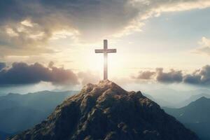 religiös Kreuz auf Hügel im Wolken. Vertrauen Konzept. generativ ai foto