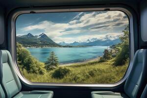 leeren Zug Sitze mit schneebedeckt Berge Landschaft im Fenster. generativ ai foto