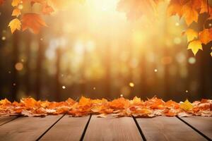 Herbst Hintergrund mit hölzern Tabelle und farbig fallen Blätter. generativ ai foto