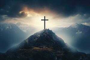 religiös Kreuz auf Hügel im Wolken. Vertrauen Konzept. generativ ai foto