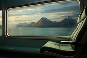 leeren Zug Sitze mit schneebedeckt Berge Landschaft im Fenster. generativ ai foto