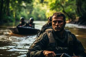 Brasilianer Heer im ein Fluss patrouillieren im das Amazonas Foto mit leeren Raum zum Text