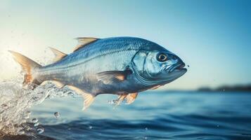 Blaufisch Springen aus von das Ozean Hintergrund mit leeren Raum zum Text foto