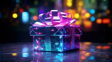 Neon- Geschenk Box ai generiert foto