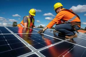 zwei Männer Installation Solar- Paneele auf oben von ein Gebäude ai generiert foto