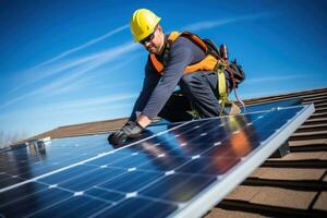 ein Mann Installation Solar- Paneele auf oben von ein Gebäude ai generiert foto