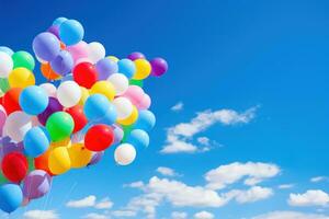 Regenbogen von Luftballons im ein klar Blau Himmel ai generiert foto
