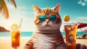 süß Katze tragen Sonnenbrille und Trinken Cocktails auf das Strand. foto