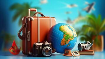Reise und Tourismus Konzept mit Kamera, Globus und Kopfhörer foto
