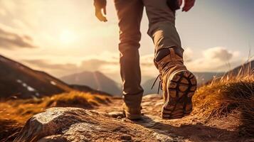 Wandern Mann mit Rucksack Wandern im das Berge. Wandern Konzept foto