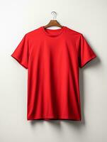 rot T-Shirt Aufhänger auf ein Weiß Hintergrund foto