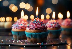 Geburtstag Cupcakes mit verwischen Hintergrund bunt Luftballons realistisch Bild, Ultra hd, hoch Design sehr foto