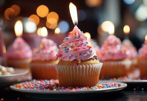 Geburtstag Cupcakes mit verwischen Hintergrund bunt Luftballons realistisch Bild, Ultra hd, hoch Design sehr foto