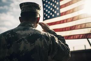 Respekt und Ehre ein fesselnd zurück Aussicht Fotografie von Militär- salutieren das USA Flagge, ein Tribut zu Patriotismus und Opfern generativ ai foto