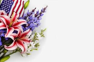 patriotisch blüht beschwingt amerikanisch Flagge Farbe Blumen auf ein Weiß Hintergrund mit Kopieren Raum generativ ai foto