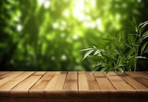 hölzern Tabelle auf Bambus Pflanze Hintergrund realistisch Bild Ultra hd hoch Design sehr detailliert foto